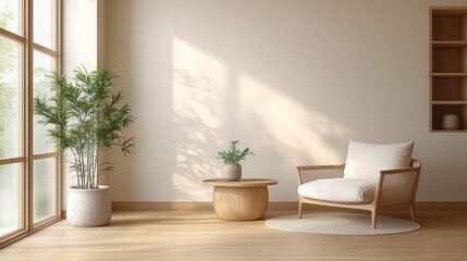 Minimalist living room with wooden chair round table floor lamp cozy plant and soft natural light in Scandinavian design