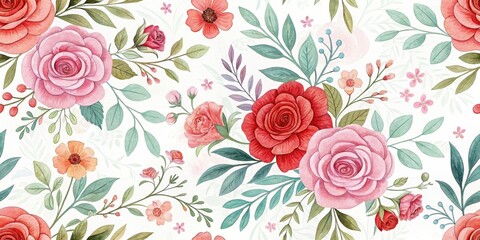Fototapeta premium A Seamless Watercolor Floral Pattern Featuring Delicate Roses and Blossoms on a White Background