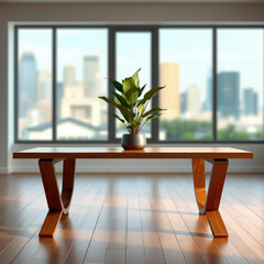 Modern wooden table with indoor plant and window view, window view, cozy atmosphere, relaxing space