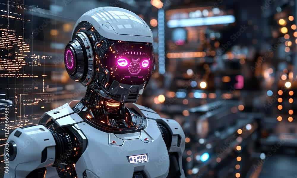 Poster Futuristic robot factory code analysis