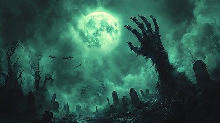 Fototapeta premium Zombie Hand Rising Out Of A Graveyard - Halloween, 