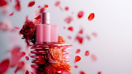Pink Perfume Bottle on Rose Petal Display  Luxury Beauty Product  Cosmetic  Spa  Valentine