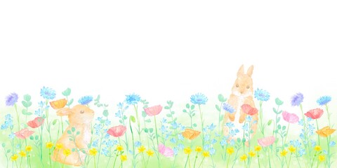 カラフルな花が咲く野原で2匹の子ウサギが遊んでいる春フレーム。水彩画を使用した優しく可愛いイラスト。