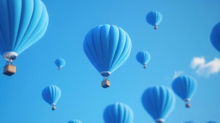 Obraz premium Blue hot air balloons float in clear sky, freedom concept