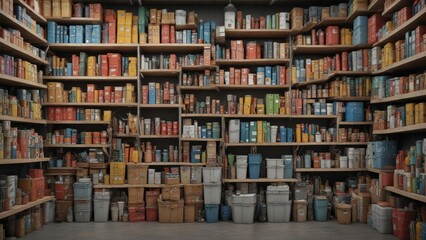 Overcrowded shelves in a garage filled with miscellaneous boxes and containers, disorganized storage, container overload, overcrowded shelves
