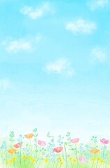 Naklejka premium 晴れ渡る青空の下、春の花々が咲く縦長イラスト。カラフルな花畑の水彩イラスト。