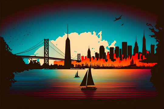 Farbintensive Skyline mit Br&uuml;cke und Segelboot bei Sonnenuntergang