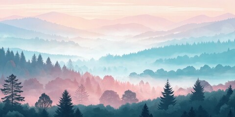 Serene Misty Mountain Landscape at Dawn, Layers of Trees and Fog in Soft Pastel Hues