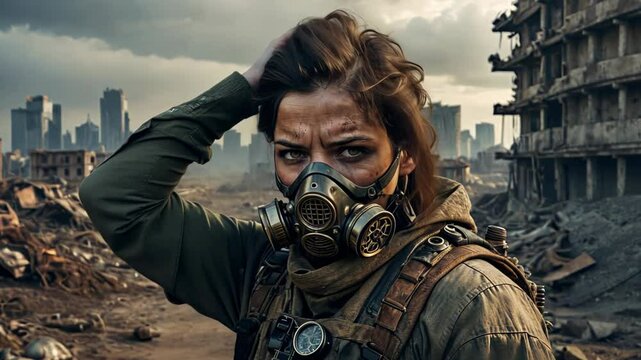 A fierce woman wearing a gas mask and combat gear amidst the ruins of a destroyed city, embodying strength and perseverance. Concept of survival in chaos