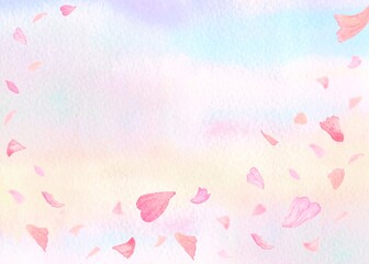 夕焼け空を背景にピンク色の花びらが舞い散る幻想的な風景。春の美しい水彩イラスト。