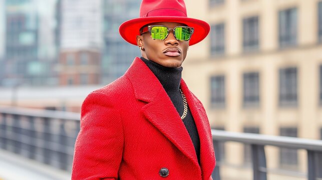 Confident man in stylish red coat and vibrant sunglasses posing on urban rooftop with modern city backdrop