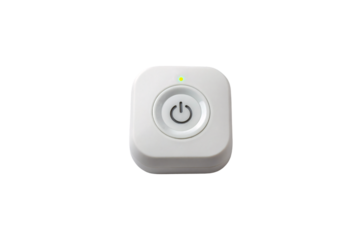 A white square-shaped device with a recessed circular power button and a glowing green indicator, highlighting simplicity and functionality. Isolated on a transparent background