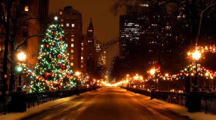Festive Cityscape Christmas Tree Night Scene Illumination