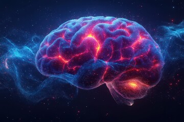 Naklejka premium Cyberpunk Brain Glowing Neural Connections Futuristic Consciousness Intelligence Digital Art