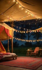 Hanging fairy lights from a traditional wooden pole near a brightly colored tent , , unique setup, fairy lights
