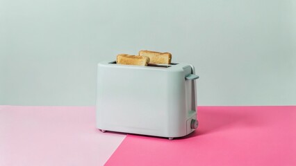 A pastel-colored toaster with golden-brown bread slices popping up, sits on a pink and mint surface