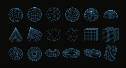 Vector set of abstract wireframe geometric shapes: sphere, torus and others that glow neon blue. © sabelskaya