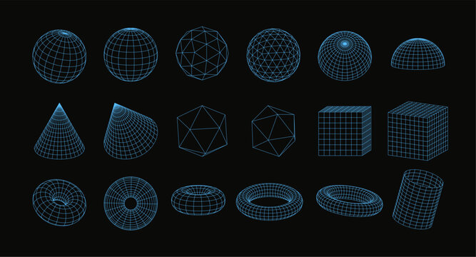 Vector set of abstract wireframe geometric shapes: sphere, torus and others that glow neon blue.