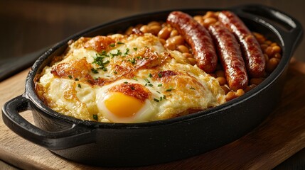 Fototapeta premium Hearty Breakfast Platter with Baked Eggs, Sausages, and Baked Beans in a Cast Iron Dish