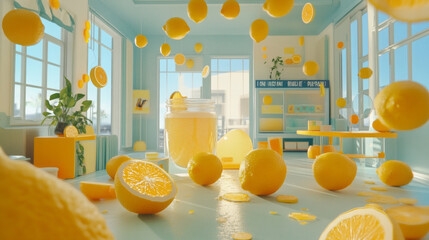 3D rendered lemonade scene with floating lemons in a mason jar showcasing bright citrus fruits and whimsical summertime aesthetic in a bright sunny citrus background with yellow fruits