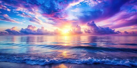 Obraz premium Softly glowing dawn light filters through misty clouds against a vibrant blue and purple ocean landscape at sunrise, Morning atmosphere, Dreamy effect