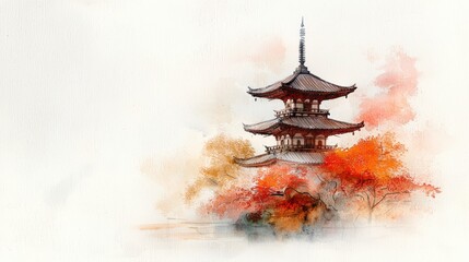 Tranquil Autumn Scene with Traditional Pagoda Surrounded by Vibrant Red and Orange Leaves in Soft Watercolor Style