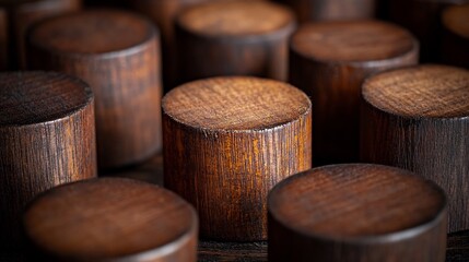 Dark Wooden Cylinders Arranged Symmetrically Rich Brown Tones. AI Generated