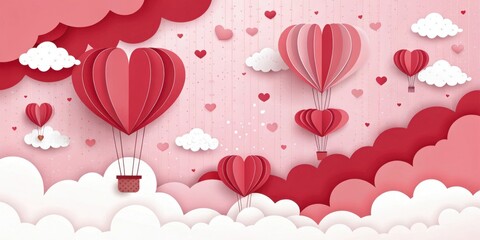 Obraz premium A Romantic Scene of Heart-Shaped Hot Air Balloons Floating Among Fluffy Clouds and Falling Hearts