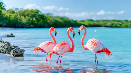 Fototapeta premium Graceful pink flamingos standing on crystal-clear water with a scenic tropical backdrop and lush greenery.