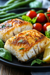 Appetizing Grilled Cod Fillet Served With Vegetables and Fresh Basil Garnish
