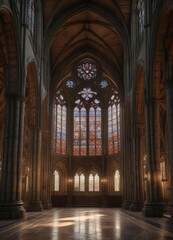 Fototapeta premium Majestic cathedral arches with ribbed vaults and stunning stained glass windows, ribbed vaults, ornate details