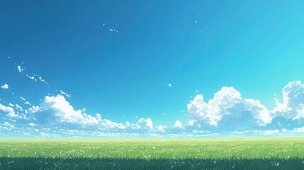 Fototapeta premium Sunny day, green field, fluffy clouds, blue sky, nature background, ideal for website design