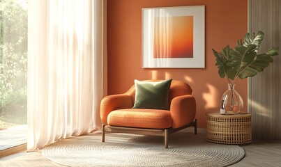 Minimalist, japandi home interior design of modern living room featuring boucle sofa, black modern coffee table, terra cotta accents and contemporary abstract art on beige stucco wall.
