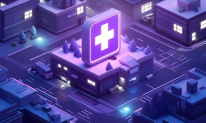 Nighttime city clinic, glowing cross sign, isometric view, healthcare access