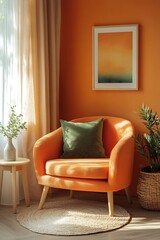 Fototapeta premium Minimalist, japandi home interior design of modern living room featuring boucle sofa, black modern coffee table, terra cotta accents and contemporary abstract art on beige stucco wall. 