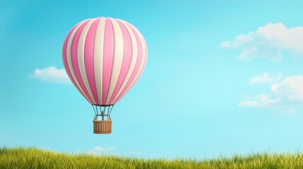 Fototapeta premium Colorful hot air balloon drifting in a clear blue sky with fluffy clouds over a lush green field
