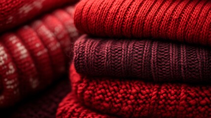Warm Red Knitwear Stack Softly Lit. AI Generated