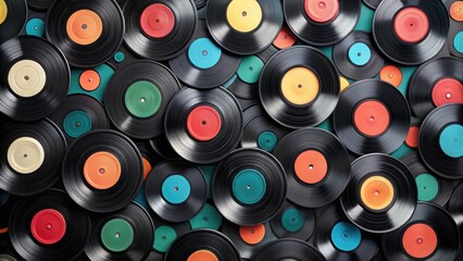 Minimalist pattern of vinyl records in different sizes and colors, music lover, vinyl records, abstract pattern, record collection