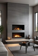 Modern Rock Fireplace with Sleek Steel Surround and Minimalist Furniture,  simple design,  minimalist furniture