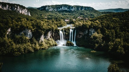 Fototapeta premium Majestic Waterfall Lush Green Forest Serenity Nature Landscape Photography