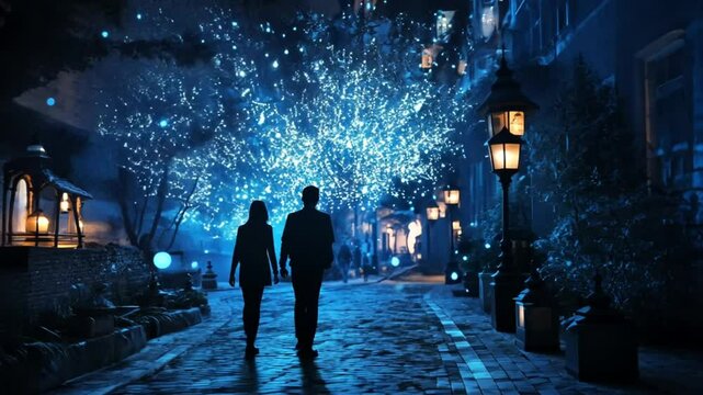 Romantic Night Stroll Under a Magical Blue Sky