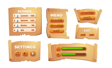 Cartoon parchment roll with menu interface vector ui set, game bar and settings buttons on antique manuscript or papyrus