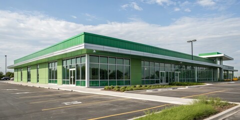 Obraz premium Office building exterior with green roof and walls, architecture, sleek