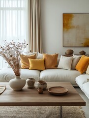 Fototapeta premium Minimalist home interior design of modern living room with a yellow sofa adorned with colorful cushions, wooden coffee table and minimalistic decor, bathed in natural light. 