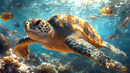 Obraz premium Graceful Sea Turtle Swimming Through Vibrant Coral Reef