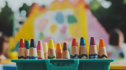 Crayons in box, outdoor playground background, children playing, art supplies