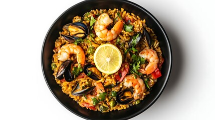 Delicious Seafood Paella in a Black Bowl