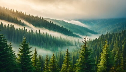 Misty landscpe with Fir Forest in Vintage style