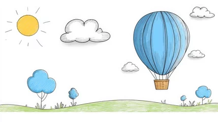 Printed roller blinds Whimsical Hand-Drawn Illustration of a Blue Hot Air Balloon Floating Above a Sunny Landscape with Clouds