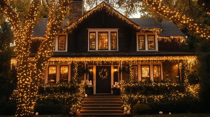 Festive Home Decorated with Christmas Lights at Night